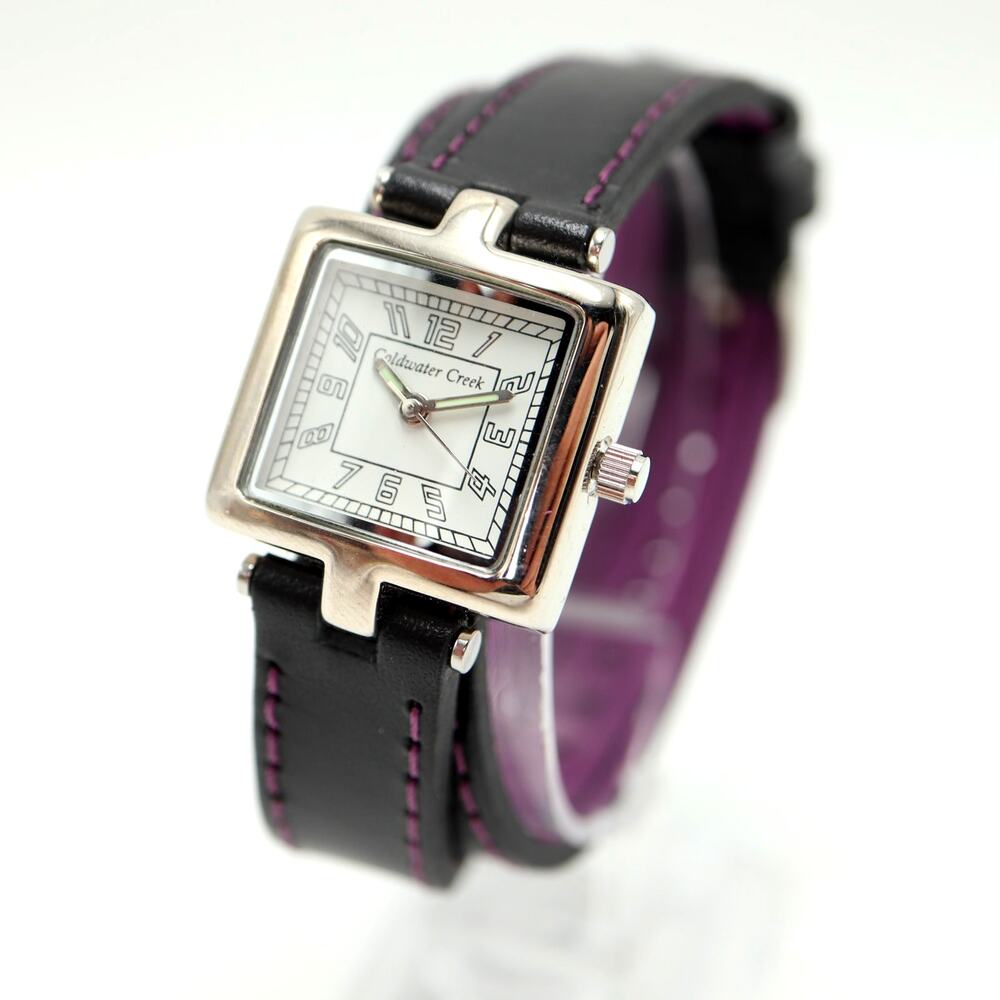 Coldwater Creek Womens Silver Tone Square Watch Black Purple Leather New Battery